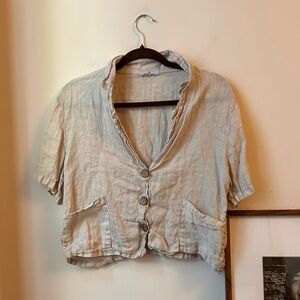 vintage moda italia beige tan linen button down shirt short sleeve bohemian